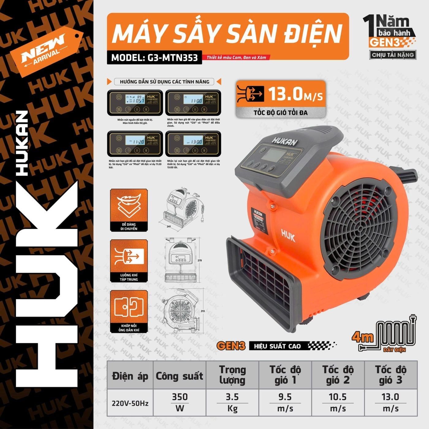  Máy Sấy Sàn Điện (GEN 3) G3-MTN353 HUKAN 