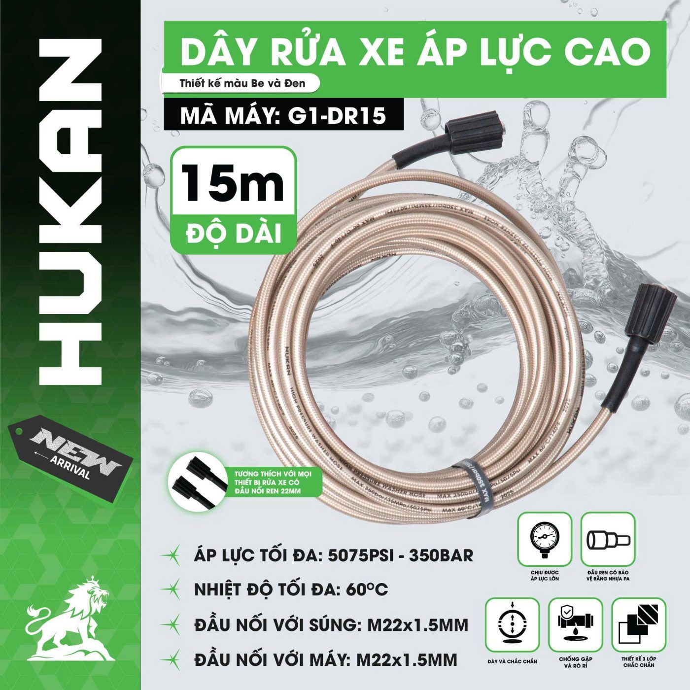  Dây rửa xe áp lực cao 15m (GEN 1) G1-DR15 HUKAN 