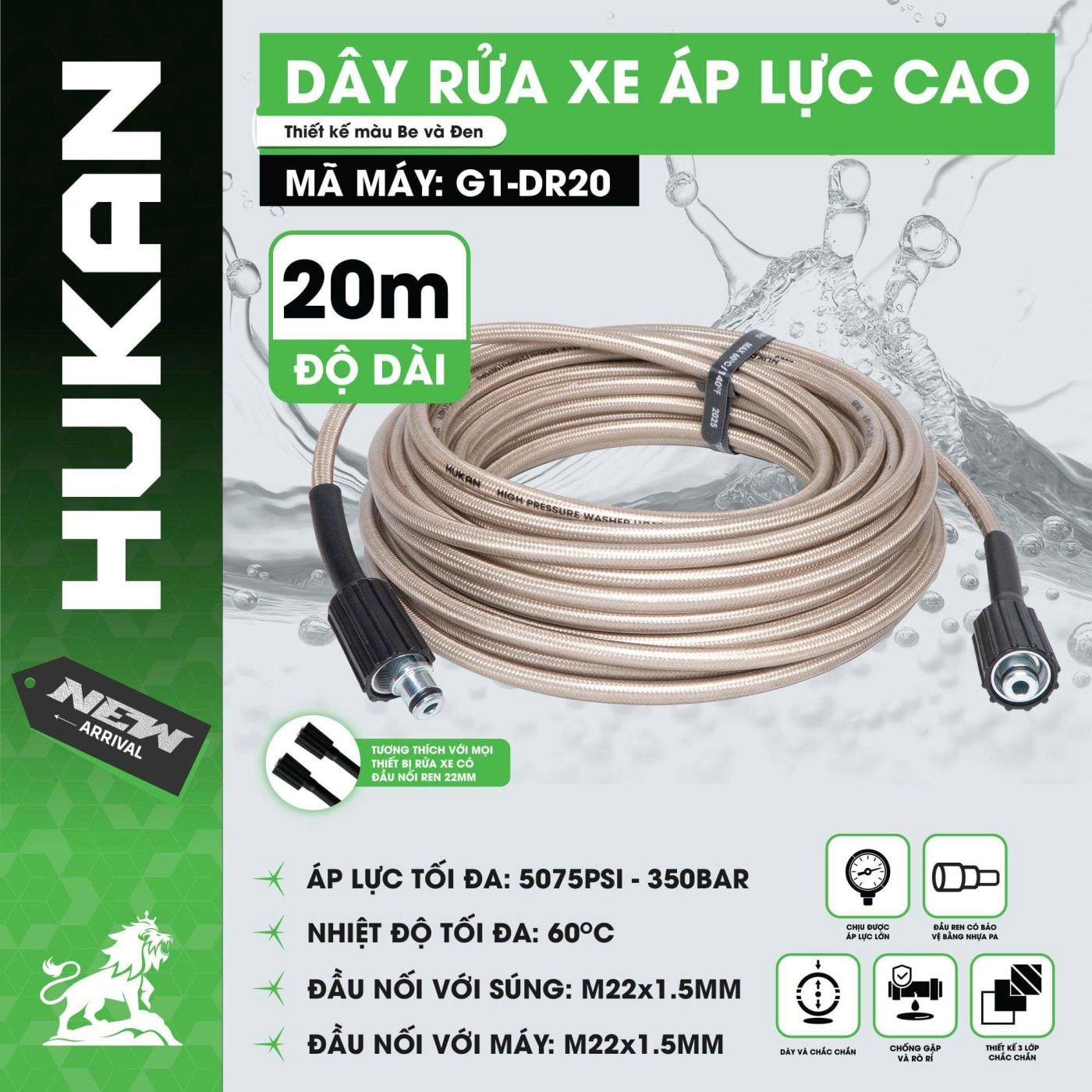  Dây rửa xe áp lực cao 20m (GEN 1) G1-DR20 HUKAN 