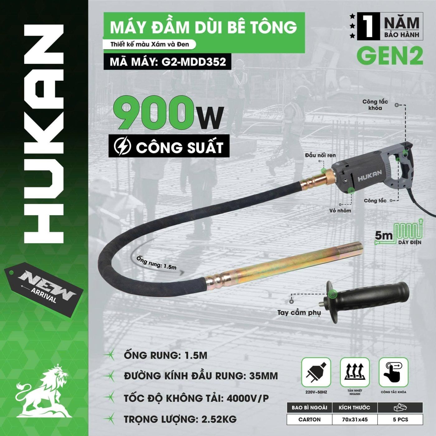  Máy đầm dùi bê tông (GEN 2) G2-MDD352 HUKAN 