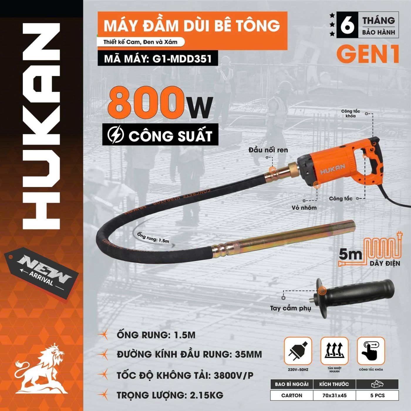  Máy đầm dùi bê tông (GEN 1) G1-MDD351 HUKAN 