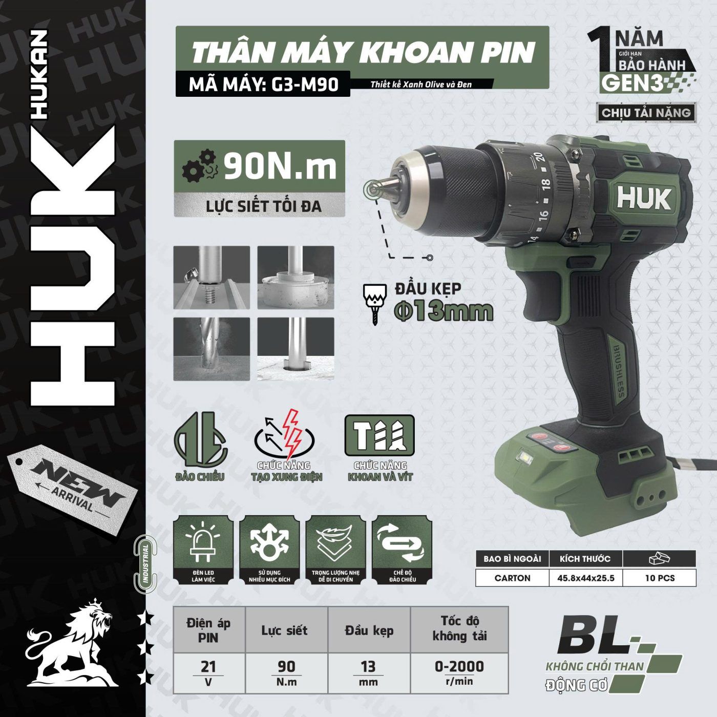  Thân máy khoan pin màu xanh xám (GEN 3) G3-M90 (chưa kèm pin sạc) HUKAN 