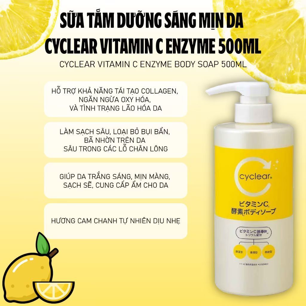 Bộ đôi sữa tắm - lotion dưỡng sáng mịn da Cyclear Vitamin C Enzyme 500ml 