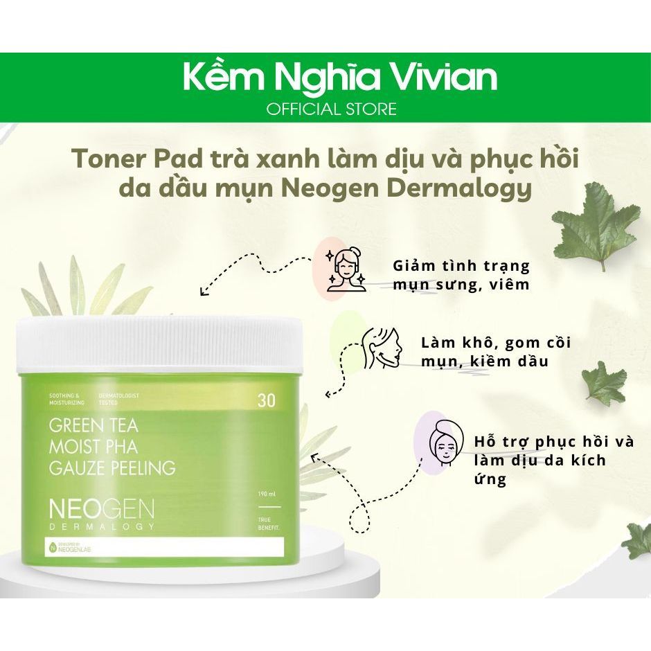  Toner Pad Trà Xanh Làm Dịu và Phục Hồi Da Dầu Mụn Neogen Dermalogy 