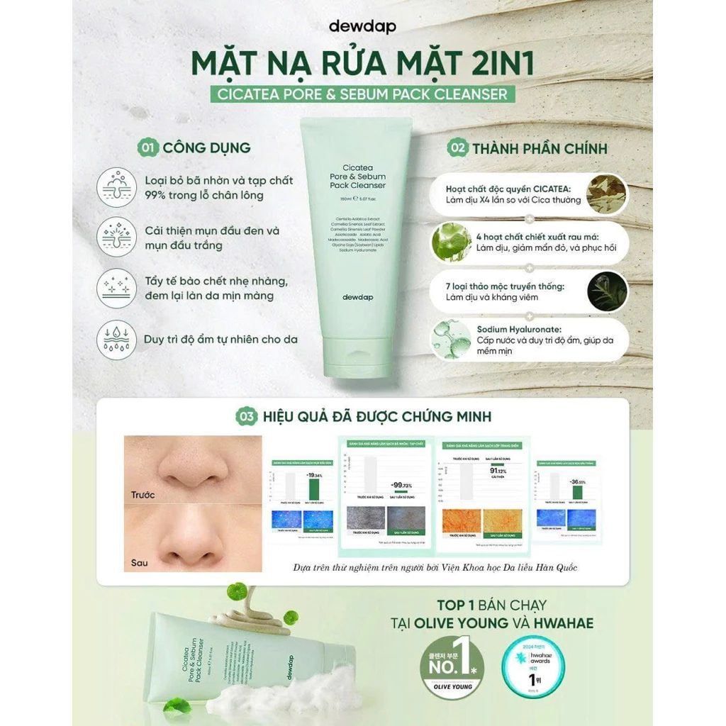  Mặt nạ sữa rửa mặt 2in 1 làm sạch sâu cho da mụn, nhạy cảm Dewdap 150ml 