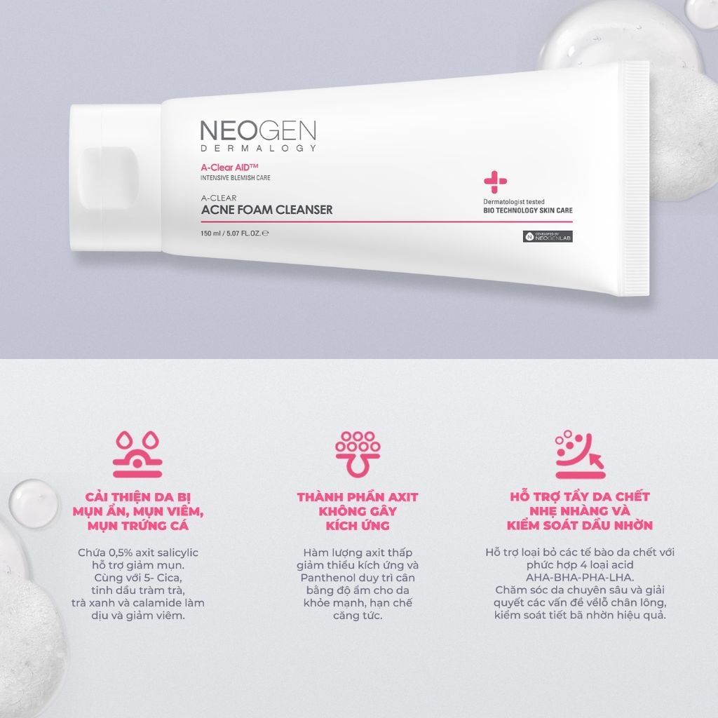  Sữa Rửa Mặt Cho Da Dầu Mụn Neogen Dermalogy A-Clear Acne 150ml 