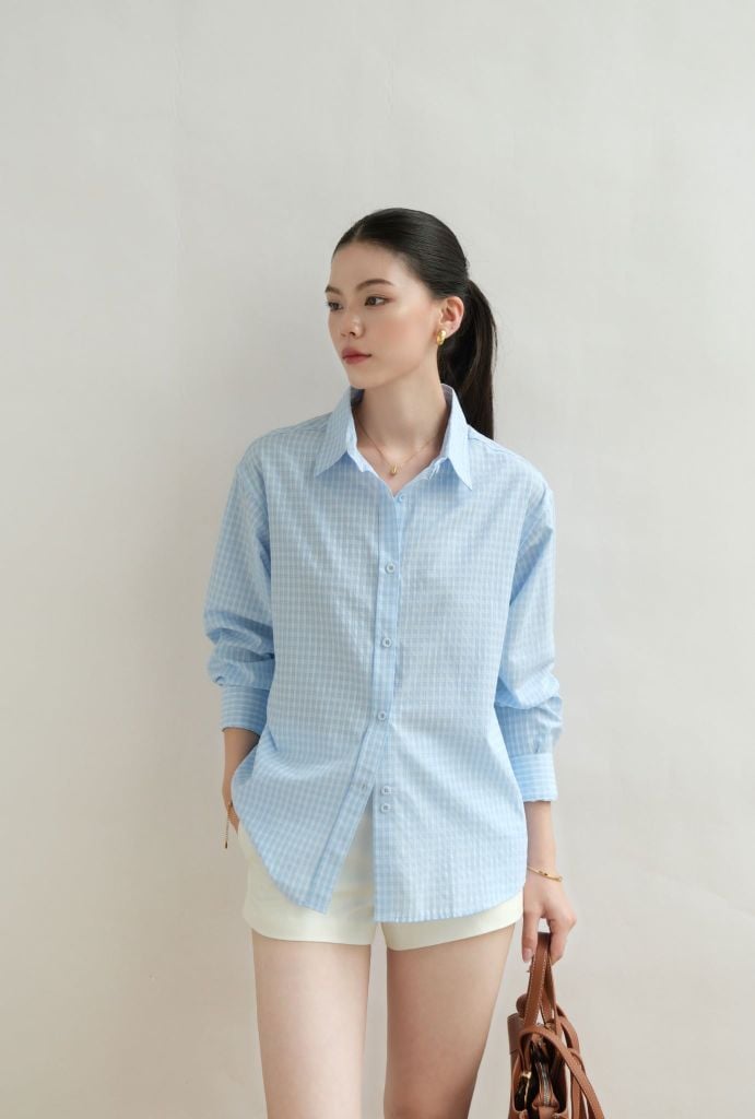 Sơ Mi Form Rộng FAS390 Caro Xanh Baby