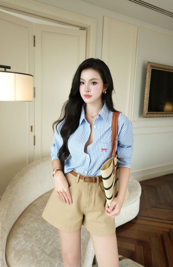 Áo Sơ Mi Form Rộng NƠ FAS384 Xanh Xám