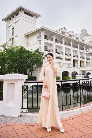 Áo Gấm hoa trà Be và quần