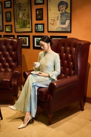 Áo Gấm hoa trà Xanh mint và quần