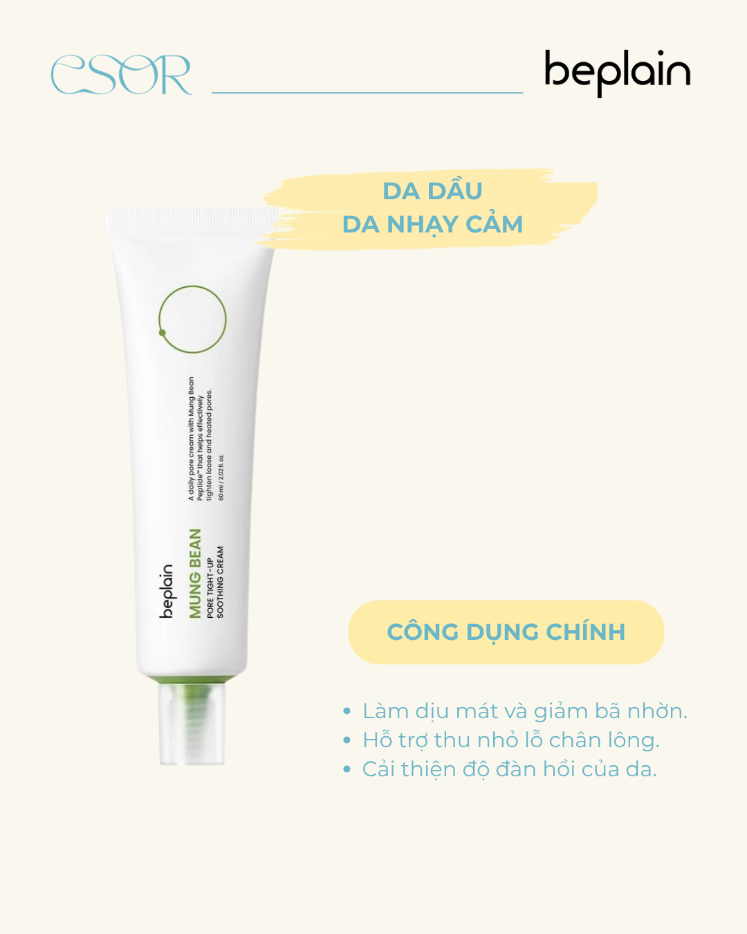  Kem dưỡng da Beplain Mung Bean Pore Tight-Up Soothing Cream 60ml 