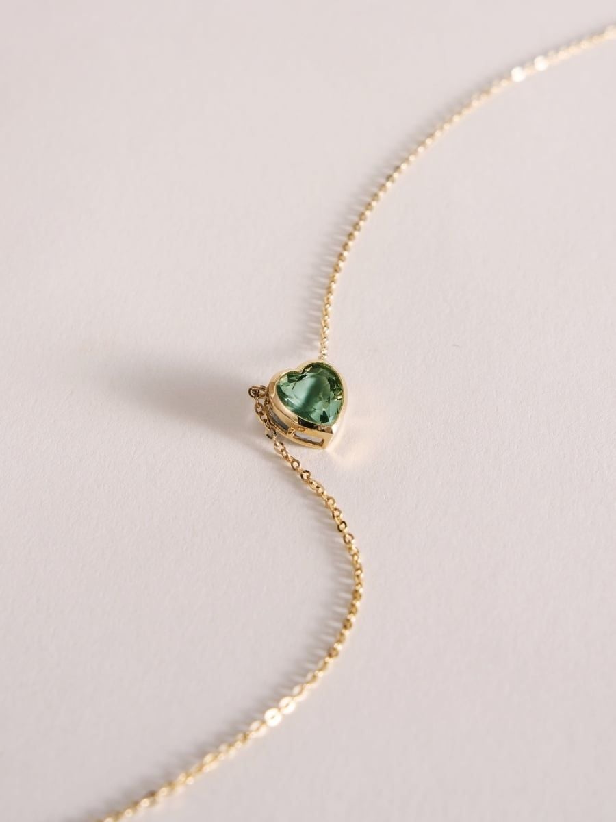  14K Crystal Heart Necklace - Emerald 