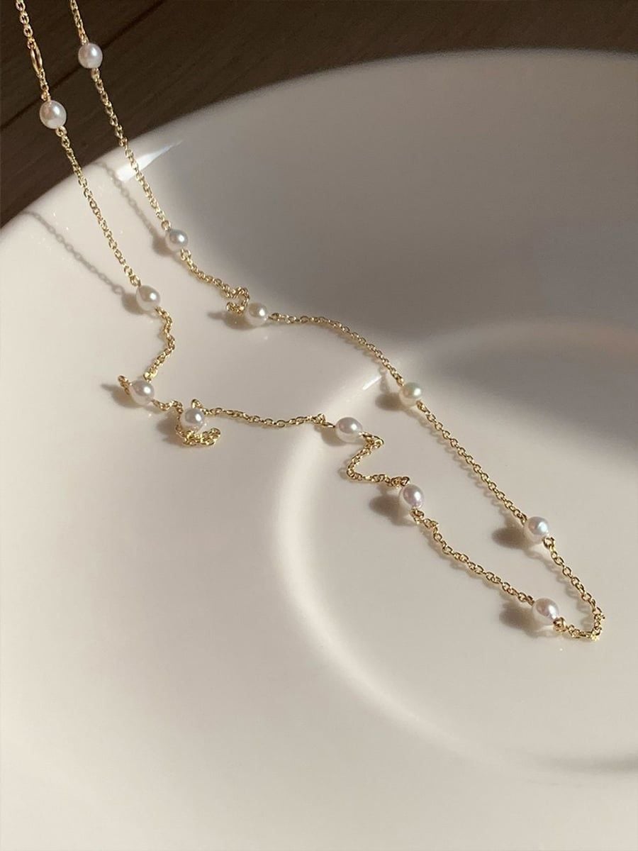  14K Mini Pearl Necklace Chain 