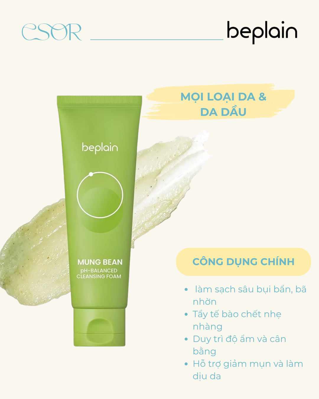  Sữa rửa mặt Beplain Mung Bean pH-Balanced Cleansing Foam 80ml 