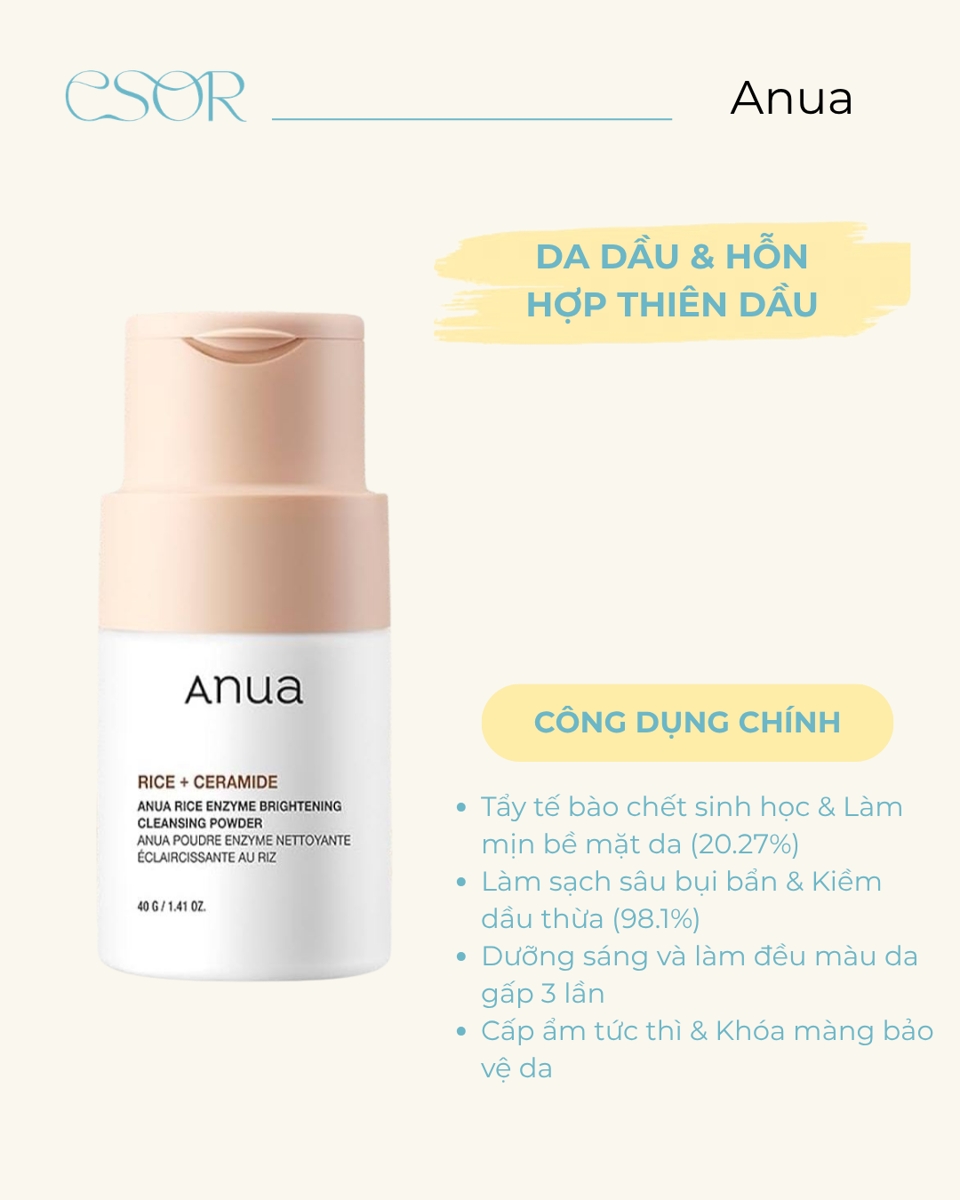  Bột Rửa Mặt Làm Sáng Da Anua Rice Enzyme Brightening Cleansing Powder 40g 