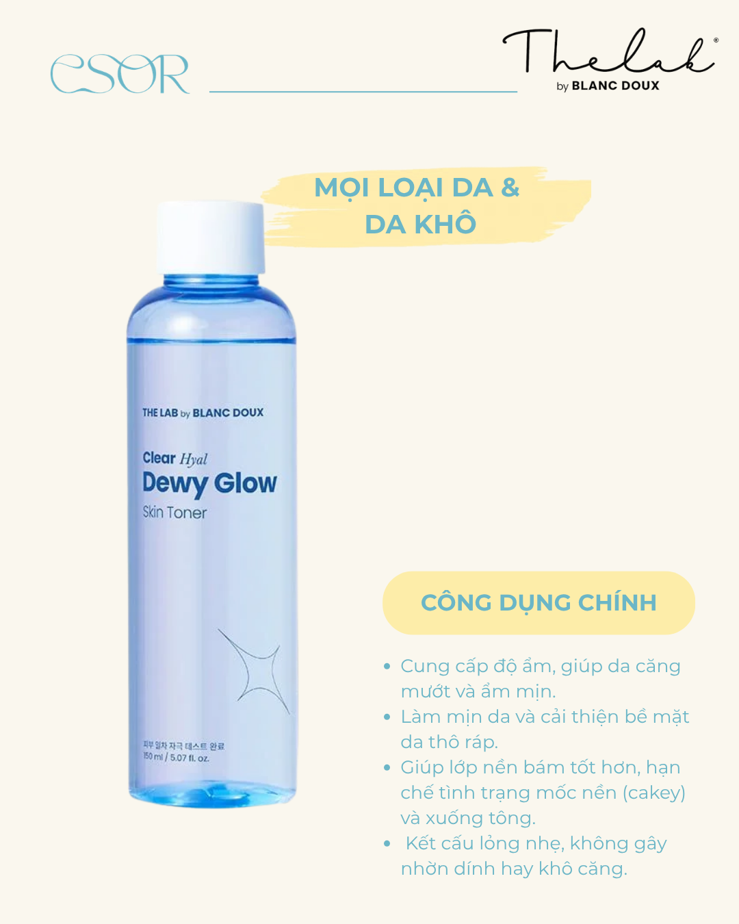  Nước hoa hồng dưỡng ẩm THE LAB Clear Hyal Dewy Glow Skin Toner 150ml 