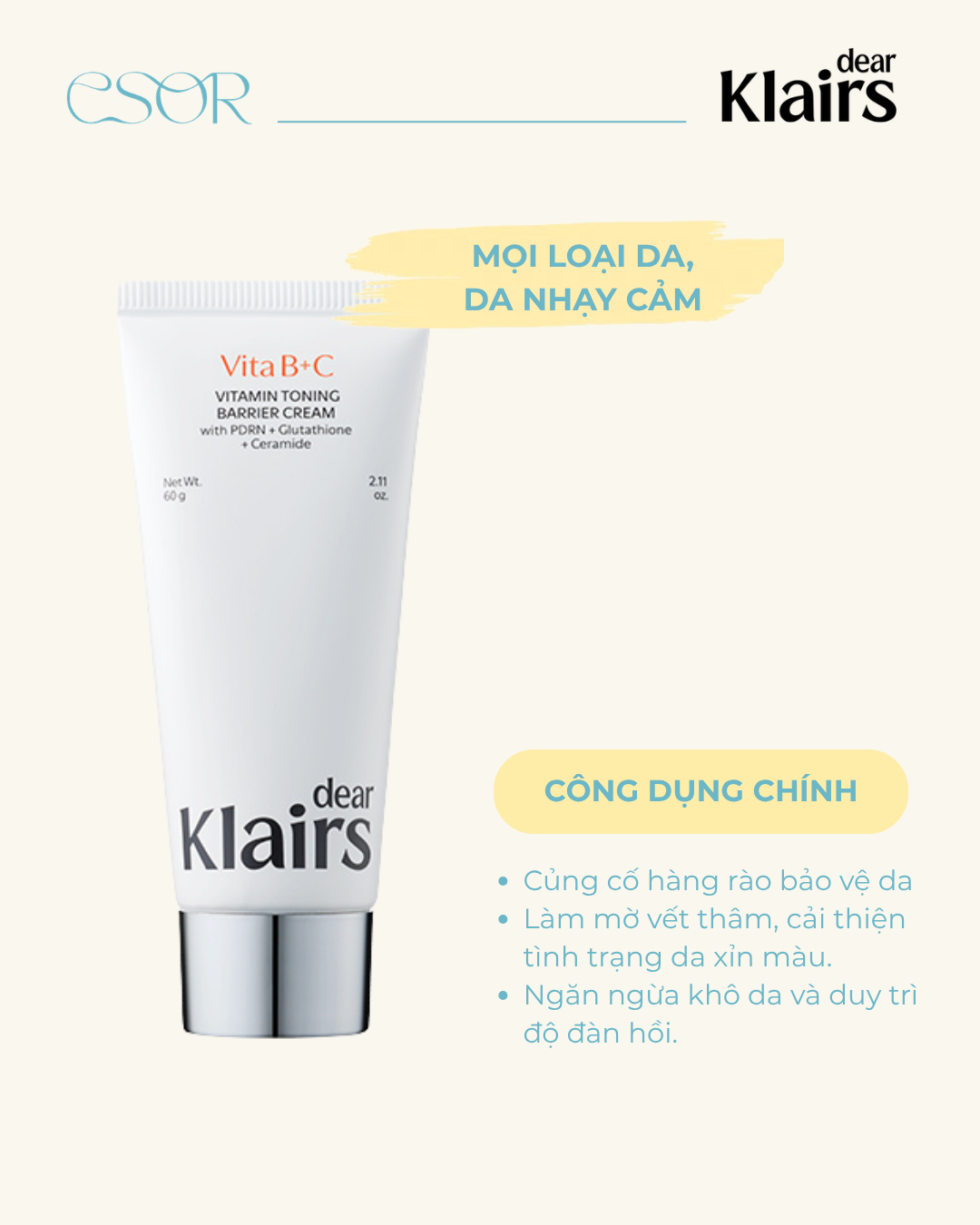  Kem dưỡng da Dear Klairs Vitamin Toning Barrier Cream 60g 