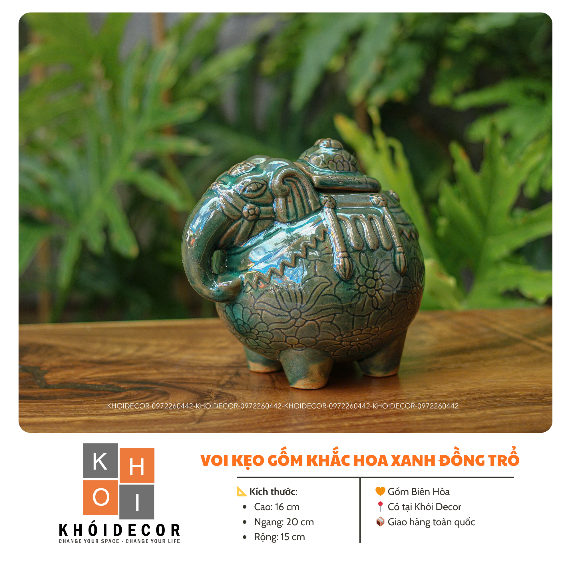  VOI KẸO GỐM BIÊN HÒA KHẮC HOA XANH ĐỒNG TRỔ 