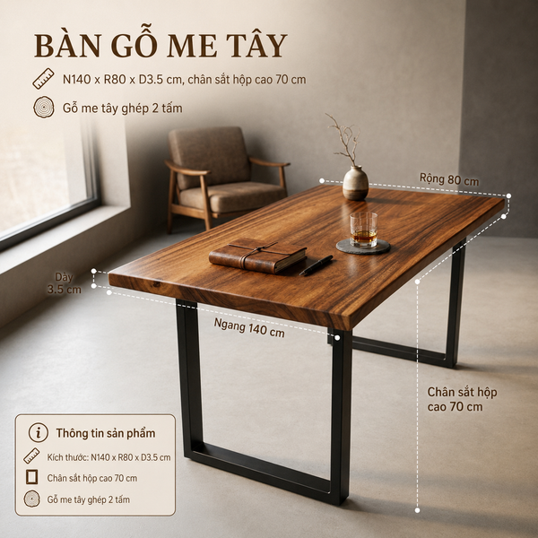  BÀN GỖ ME TÂY GHÉP - N140 x R80 x D3.5 cm 