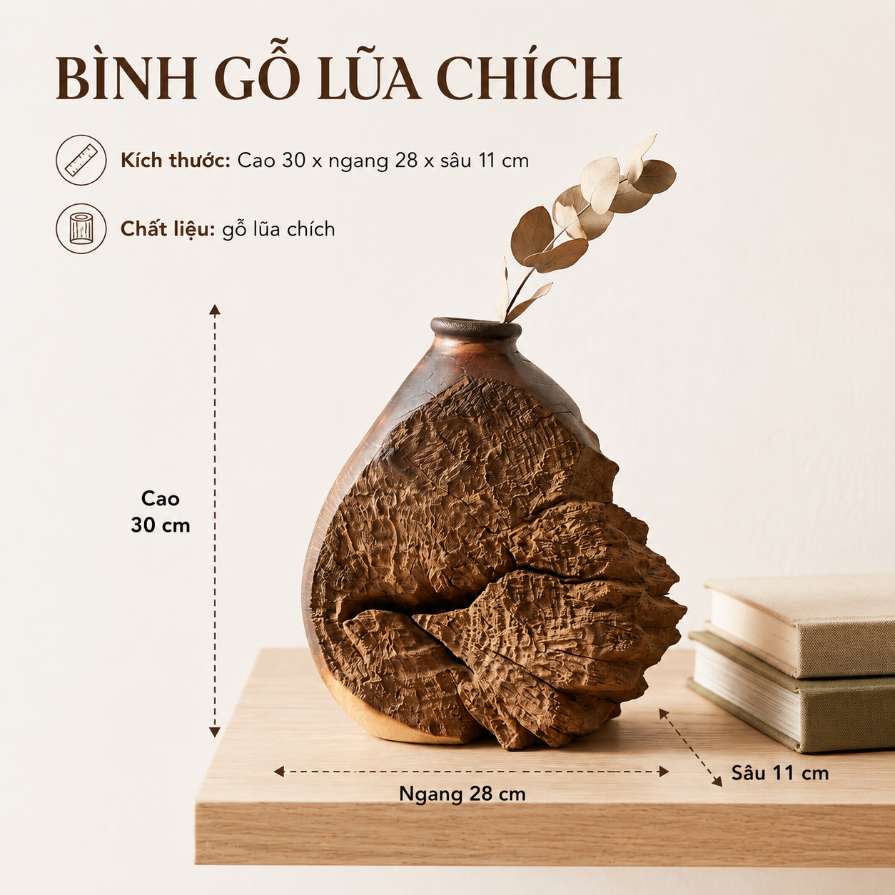  BÌNH GỖ LŨA CHÍCH - C30 x N28 x S11 cm 