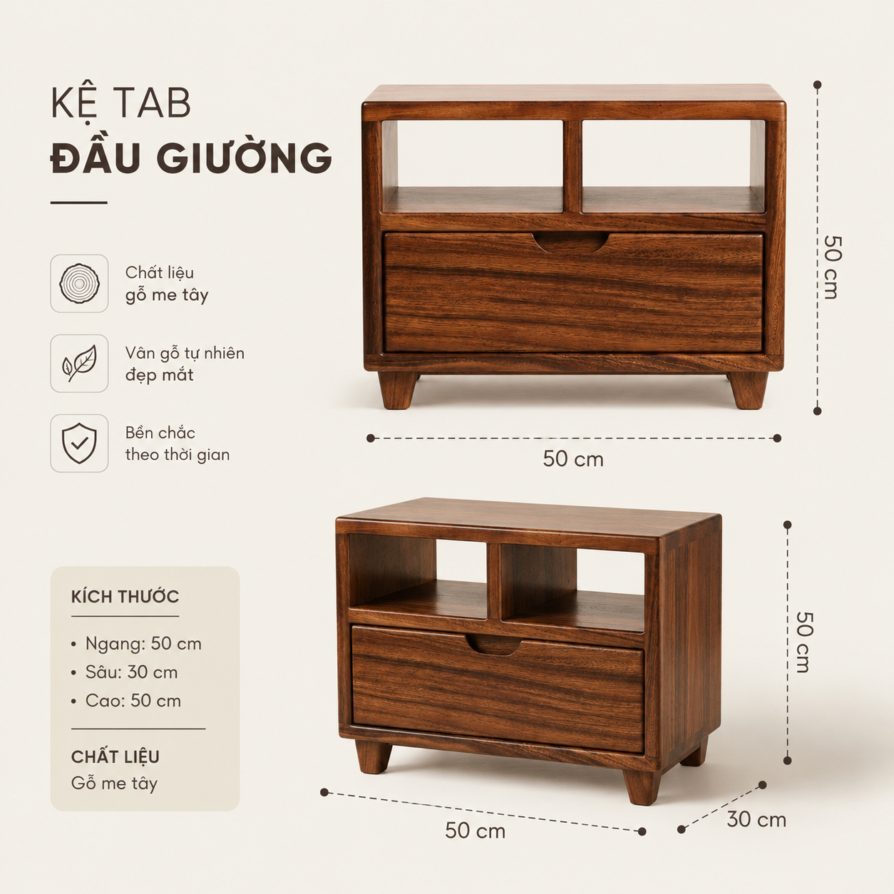  KỆ TAB ĐẦU GƯỜNG C50 x R30 x N50 cm 