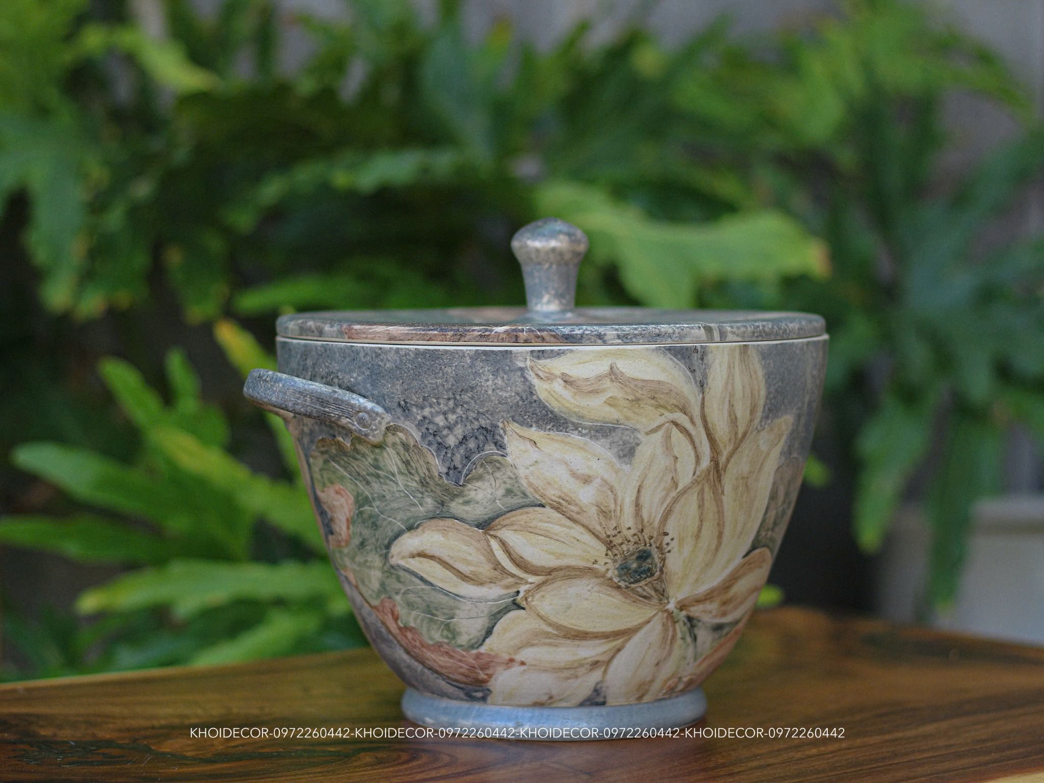  XÔ QUAI NẮP SEN GỐM HÙNG VUỐT TAY 