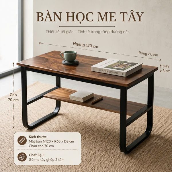  BÀN HỌC GỖ ME TÂY 120 x 60 x 3 cm 