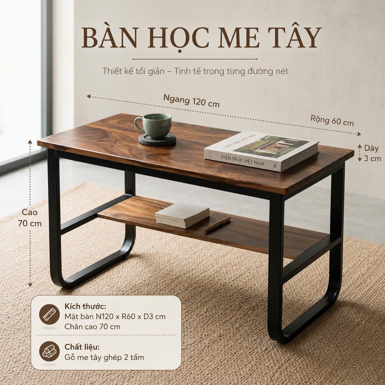  BÀN HỌC GỖ ME TÂY 120 x 60 x 3 cm 