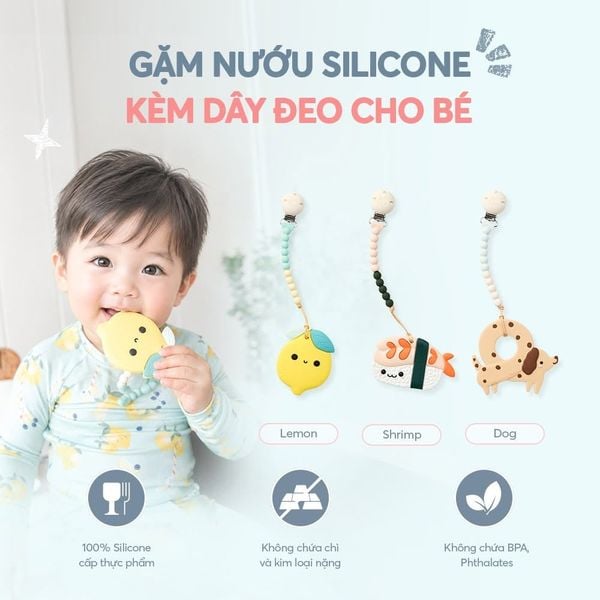 Loulou Lollipop Gặm Nướu Silicone Kèm Dây Đeo, Giúp Giảm Đau & Ngứa Nướu Cho Bé (Đầu Kẹp Thép)