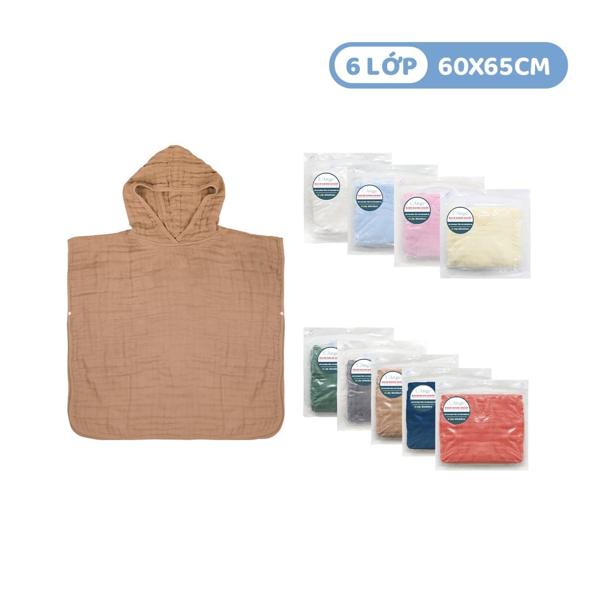 L'Ange Áo Choàng Tắm Có Nón Vải Bông 6 Lớp 60x65cm (Size M)