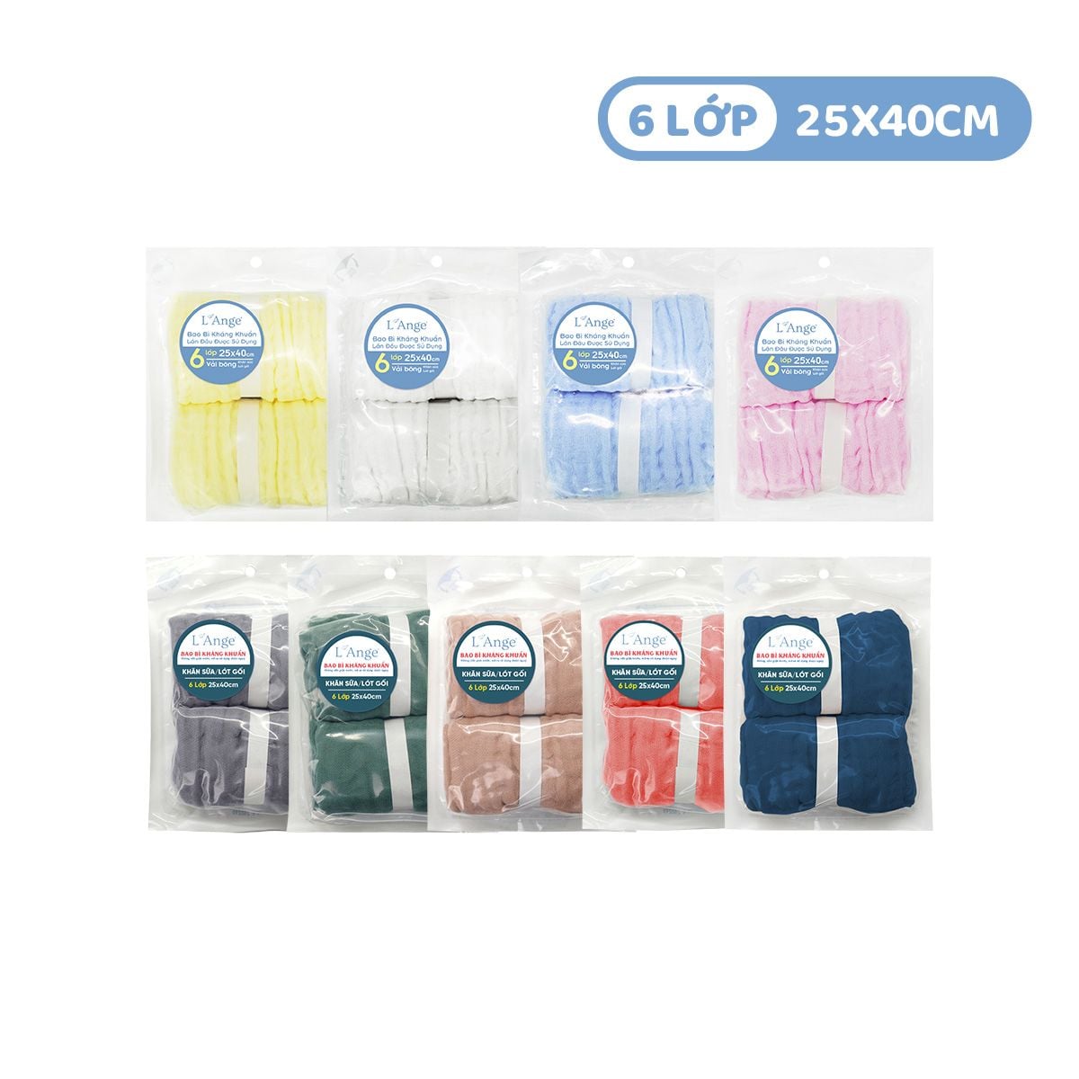 L'ANGE KHĂN SỮA LÓT GỐI/KHĂN LAU MẶT/KHĂN YẾM VẢI BÔNG 6 LỚP 25x40cm (SET 2 CÁI)