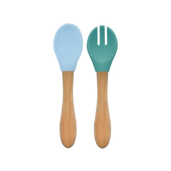 MinikOiOi Bộ Đôi Muỗng Nĩa Silicone Tay Cầm Gỗ Tre Cho Bé