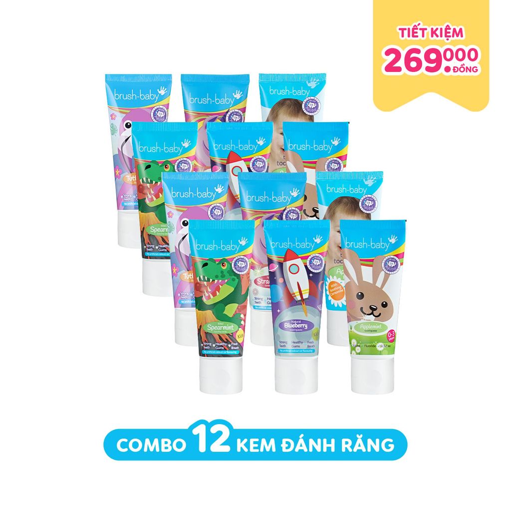 Brush-Baby Combo 12 Kem Đánh Răng Có Fluoride Cho Bé Mọi Độ Tuổi (50ml)