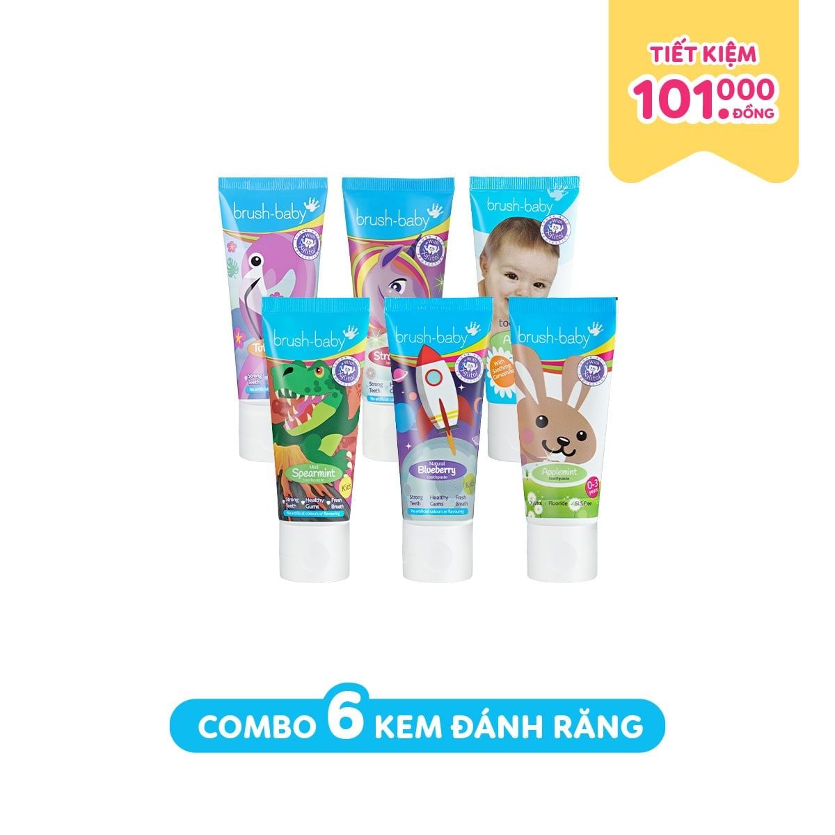 Brush-Baby Combo 6 Kem Đánh Răng Có Fluoride Cho Bé Mọi Độ Tuổi (50ml)