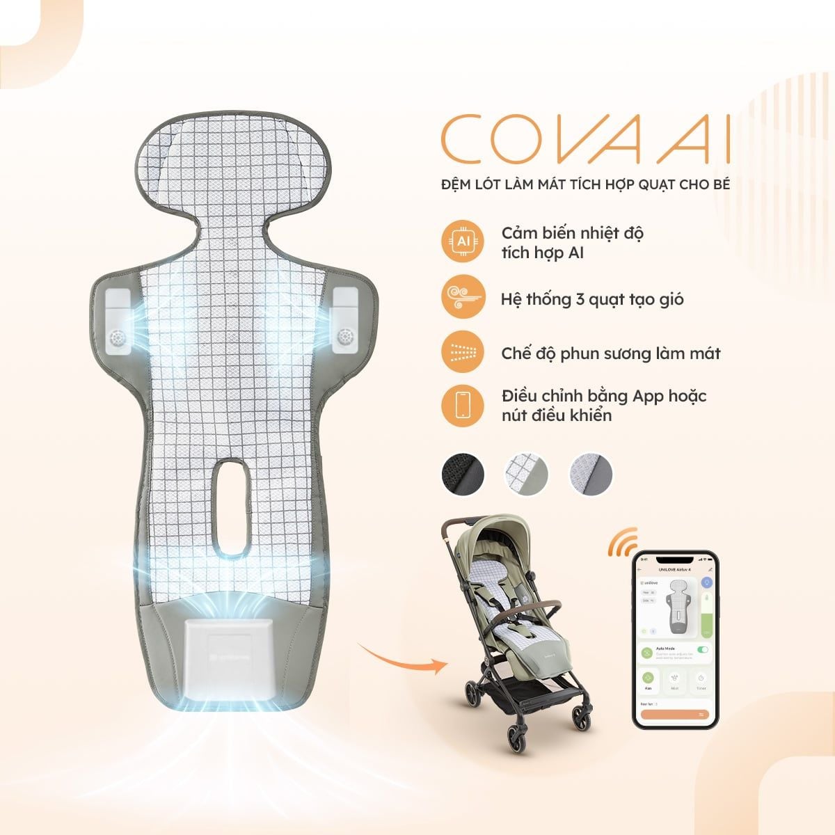Unilove COVA AI Đệm Lót Làm Mát Tích Hợp Quạt Cho Bé, Chỉnh Nhiệt Độ Tự Động
