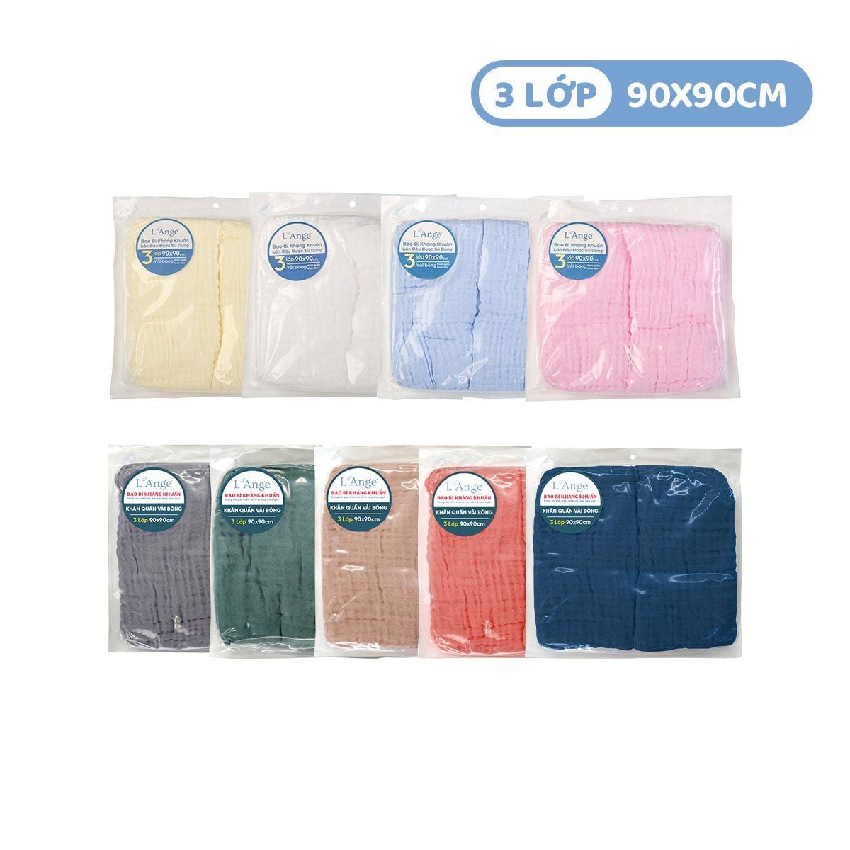 L'ANGE KHĂN QUẤN/KHĂN CHE CHO BÉ BÚ/CHĂN ĐẮP VẢI BÔNG 3 LỚP 90x90cm (SET 2 CÁI)