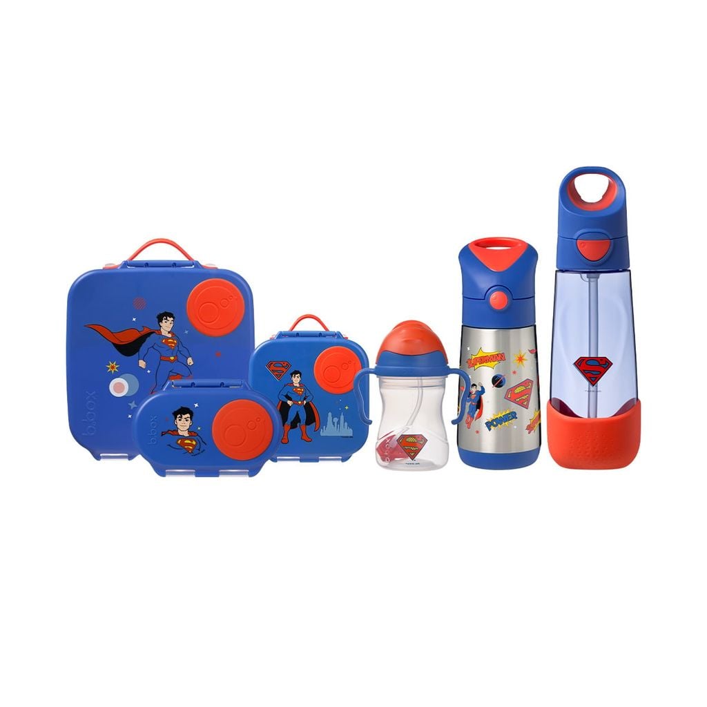b.box Set Hộp Cơm Trưa/Đồ Ăn Vặt, Yếm Ăn Dặm & Bình Nước Phiên Bản Superman Cho Bé
