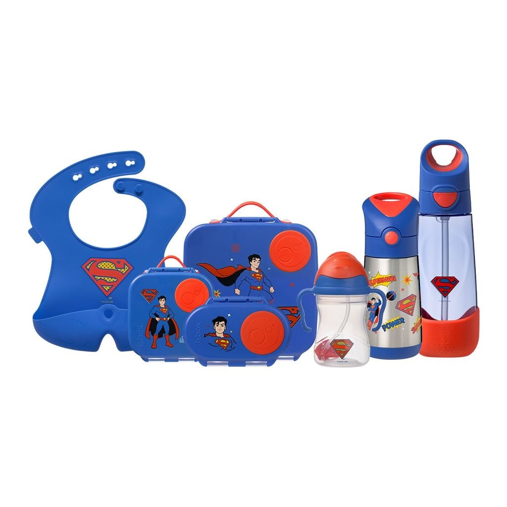 b.box Set Hộp Cơm Trưa/Đồ Ăn Vặt, Yếm Ăn Dặm & Bình Nước Phiên Bản Superman Cho Bé