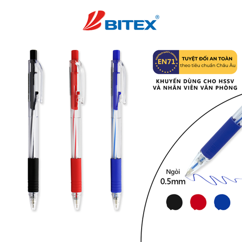 Bút Bi Bitex B03 Ngòi 0.5mm - EN71, Mực Xanh/đen/đỏ
