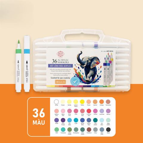 Bút lông màu 36 màu Acrylic Queen AMT-BR36 - 1 đầu brush (lông mềm), Chống nước vẽ trên nhiều bề mặt