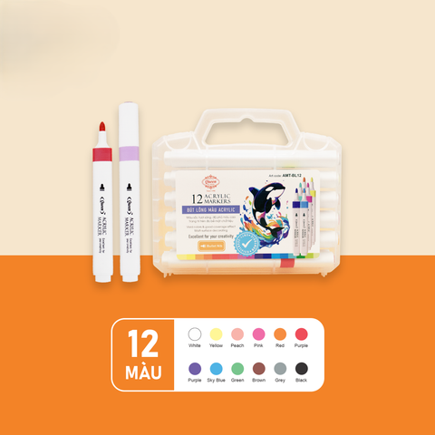 Bút lông màu 12 màu ACRYLIC QUEEN AMT-BL12 - 1 đầu ngòi bullet (tròn), Chống nước vẽ trên nhiều bề mặt