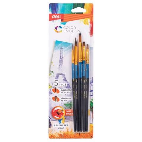 Vỉ 5 Cọ vẽ Deli C406 - Cọ tô màu tô tượng dùng cho Màu Nước/ Gouache/ Sơn Acrylic - Lông nilon
