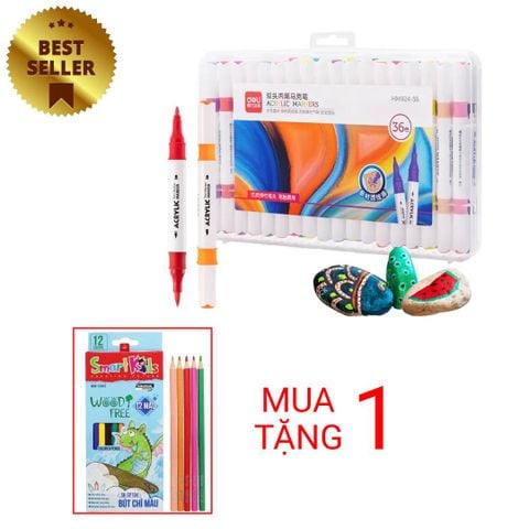 [TẶNG 1H BÚT CHÌ MÀU] Bút sơn Acrylic Marker 2 đầu 36 màu Deli HM924-36 - Chống nước vẽ trên mọi chất liệu