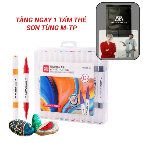[GIẢM SỐC - TẶNG 1 THẺ M-TP] Bút sơn Acrylic Marker 2 đầu 12 màu Deli HM924-12 - Chống nước vẽ trên mọi chất liệu