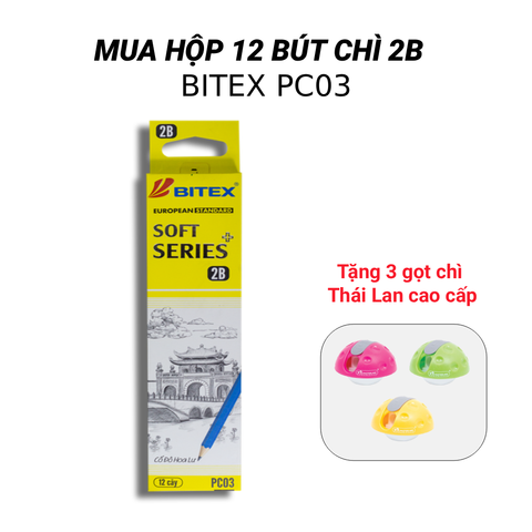[MUA 12 TẶNG 3 GỌT CHÌ THÁI] Bút Chì Gỗ 2B Bitex Soft Series Plus PC03 - Nhúng Đầu, EN71-3