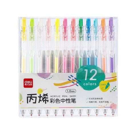 Vỉ 12 Bút gel màu Acrylic Deli SA551 - ngòi 1.0mm - Chống nước vẽ trên mọi chất liệu, Tô màu DIY vẽ giày vải, chai lọ ...