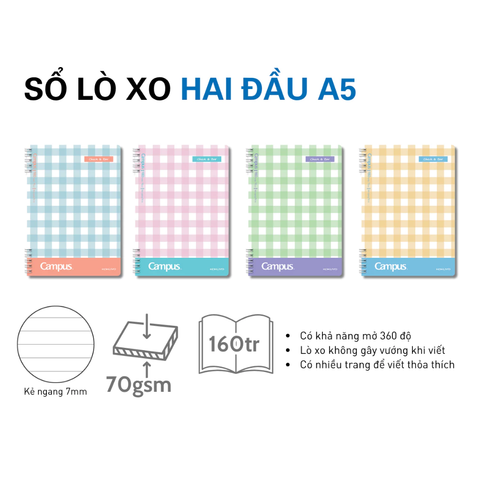 Sổ lò xo A5 Campus CHECK & BAR 2 đầu 160 trang - Dòng kẻ ngang - Định lượng 70gsm, kích thước 148x210mm