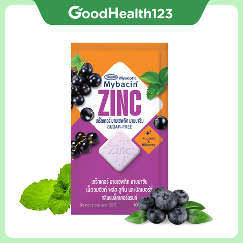 [2 gói chanh] Kẹo Mybacin Zinc Plus - Vị Trái Cây The Mát Không Đường - Gói 10 Viên - Hàng Thái Lan
