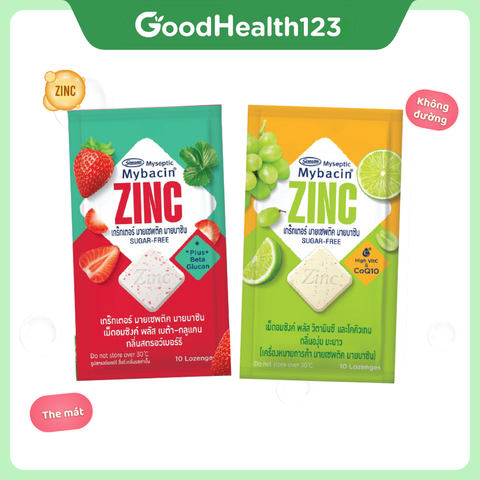 [2 gói chanh và dâu] Kẹo Mybacin Zinc Plus - Vị Trái Cây The Mát Không Đường - Gói 10 Viên - Hàng Thái Lan