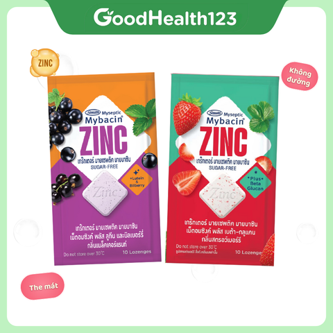 [2 gói dâu và nho] Kẹo Mybacin Zinc Plus - Vị Trái Cây The Mát Không Đường - Gói 10 Viên - Hàng Thái Lan
